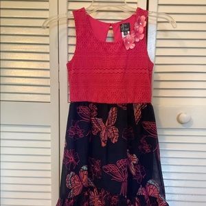 Girls butterfly and flower dress pink navy 7/8